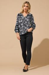 M&Co Petite Black Damask Print Lace Insert Top | M&Co 1