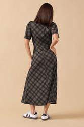 PixieGirl Petite Women's Brown Check Tie Front Midi Dress | PixieGirl 3