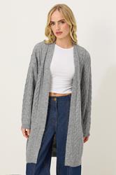 PixieGirl Petite Women's Grey Cable Knit Belted Midi Cardigan | PixieGirl 1
