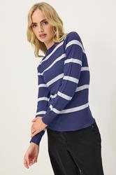 PixieGirl Petite Women's Navy Blue Knitted Stripe Jumper | PixieGirl 1