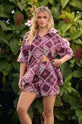 PixieGirl Petite Women's Purple Tile Print Short Sleeve Shirt | PixieGirl 1