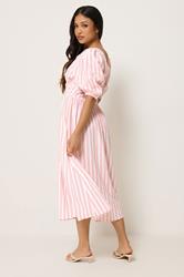 PixieGirl Petite Women's Pink Stripe Puff Sleeve Midi Dress | PixieGirl 2