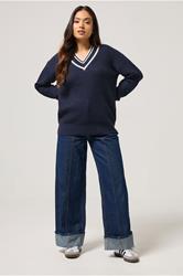 PixieGirl Petite Women's Navy Blue Contrast V-Neck Jumper | PixieGirl 3