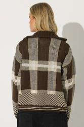 PixieGirl Petite Women's Chocolate Brown Knitted Check Zip Cardigan | PixieGirl 3