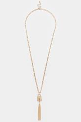 Gold Tone Long Padlock Tassel Necklace | Yours Clothing 2