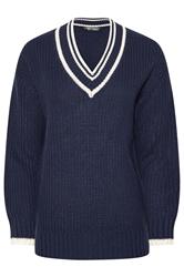 PixieGirl Petite Women's Navy Blue Contrast V-Neck Jumper | PixieGirl 7
