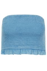 PixieGirl Petite Women's Blue Chambray Shirred Bandeau Top | PixieGirl 5