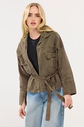 PixieGirl Petite Women's Stone Brown Belted Utility Denim Jacket | PixieGirl 1