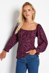 Petite Pink & Black Floral Square Neck Top | PixieGirl 1