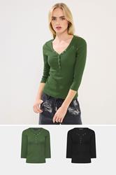 PixieGirl Petite Women's 2 PACK Black & Khaki Green Button Henley Tops | PixieGirl 1