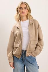 PixieGirl Petite Women's Natural Brown Faux Suede Bomber Jacket | PixieGirl 2