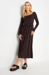 PixieGirl Petite Brown Leopard Print Long Sleeve Midi Dress | PixieGirl 1