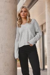PixieGirl Grey V-Neck Ribbed Jumper | PixieGirl  1