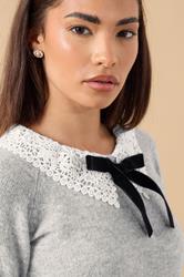 PixieGirl Petite Women's Grey Lace Collar Bow Jumper | PixieGirl 4