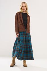 PixieGirl Petite Women's Brown & Blue Check Buckle Midi Skirt | PixieGirl 1