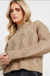 PixieGirl Petite Women's Beige Brown Cable Knit High Neck Jumper | PixieGirl 4