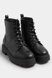 Black Faux Leather Chunky Lace Up Boots In Extra Wide EEE Fit | Yours Clothing 2