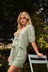 PixieGirl Petite Women's Sage Green Stripe Tie Front Top & Shorts Set | PixieGirl 2
