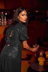 PixieGirl Petite Womens Black Sequin Tie Back Midi Dress | PixieGirl 2