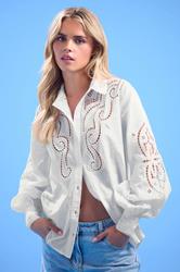 PixieGirl Petite Women's White Crochet Long Sleeve Shirt | PixieGirl 1