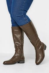 Chocolate Brown PU Stretch Heeled Knee High Boots In Wide E Fit & Extra Wide EEE Fit 1