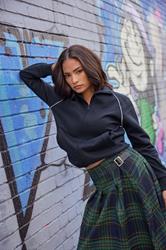 PixieGirl Petite Women's Navy Blue Contrast Piping Zip Sweatshirt | PixieGirl 1