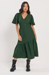 PixieGirl Petite Women's Dark Green Crinkle Tiered Midi Dress | PixieGirl 1
