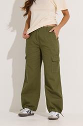 PixieGirl Petite Women's Khaki Green Cuffed Cotton Cargo Trousers | PixieGirl 1