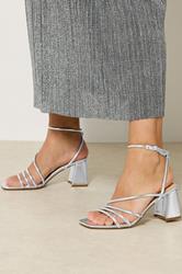 Silver Aysmmetric Strappy Block Heels In Standard Fit | Yours Clothing 1