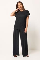 PixieGirl Petite Women's Set Black Textured Short Sleeve Top & Wide Leg Trousers | PixieGirl 3