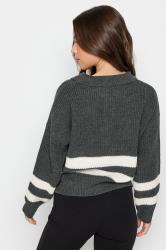 PixieGirl Petite Grey Stripe Knit Zip Collar Jumper | PixieGirl 3