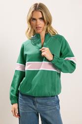 PixieGirl Petite Women's Green Stripe Quarter Zip Sweatshirt | PixieGirl 1