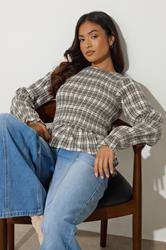 PixieGirl Petite Women's Brown Check Shirred Long Sleeve Top | PixieGirl 1