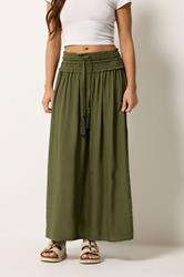 PixieGirl Petite Women's Olive Green Tie Waist Maxi Skirt | PixieGirl 1