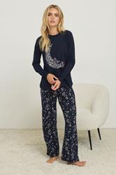 PixieGirl Petite Women's Navy Blue 'Night Sky' Slogan Wide Leg Pyjama Set | PixieGirl 2