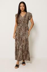 M&Co Petite Brown Animal Print V-Neck Dress | M&Co 3