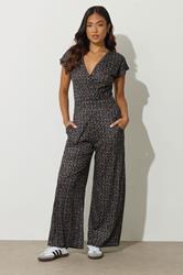 PixieGirl Petite Women's Black Abstract Wrap Wide Leg Jumpsuit | PixieGirl 2