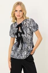 PixieGirl Petite Women's Grey Snake Print Tie Bow Top | PixieGirl 1