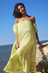 PixieGirl Petite Women's Lime Green Stripe Bardot Midaxi Dress | PixieGirl 2