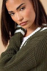 PixieGirl Petite Women's Khaki Green Contrast Cable Knit Cardigan | PixieGirl 4