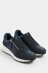 Navy Blue Quilted Wedge Trainer In Wide E Fit