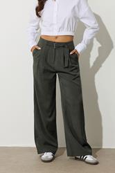PixieGirl Petite Womens Olive Green Buckle Wide Leg Trousers | PixieGirl 2