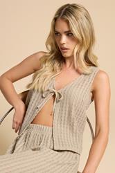 PixieGirl Petite Women's Natural Brown Tie Front Crochet Top | PixieGirl 1