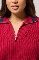 PixieGirl Petite Women's Red Knitted Stripe Quarter Zip Jumper | PixieGirl 5