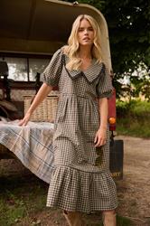 PixieGirl Petite Women's Brown Gingham Big Collar Maxi Dress | PixieGirl 1