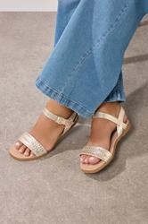 Gold Faux Leather Woven Sandals In Extra Wide EEE Fit | Yours Clothing 1