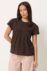 PixieGirl Petite Women's Chocolate Brown Crochet Crinkle Top | PixieGirl 3