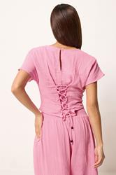 PixieGirl Petite Women's Set Pink Cotton Cheesecloth Top & Cropped Trousers | PixieGirl 4