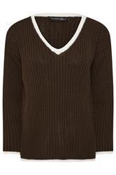 PixieGirl Petite Women's Chocolate Brown Knitted V-Neck Jumper | PixieGirl 1