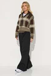 PixieGirl Petite Women's Chocolate Brown Knitted Check Zip Cardigan | PixieGirl 2